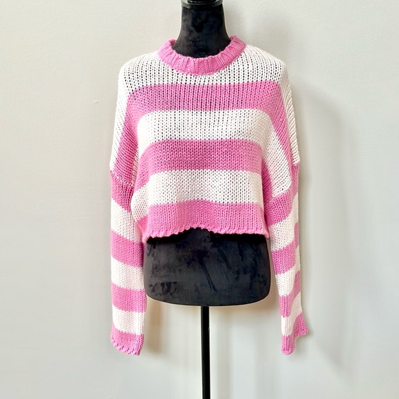 Pink Cropped Knit Striped Sweater - Picture 5 of 10